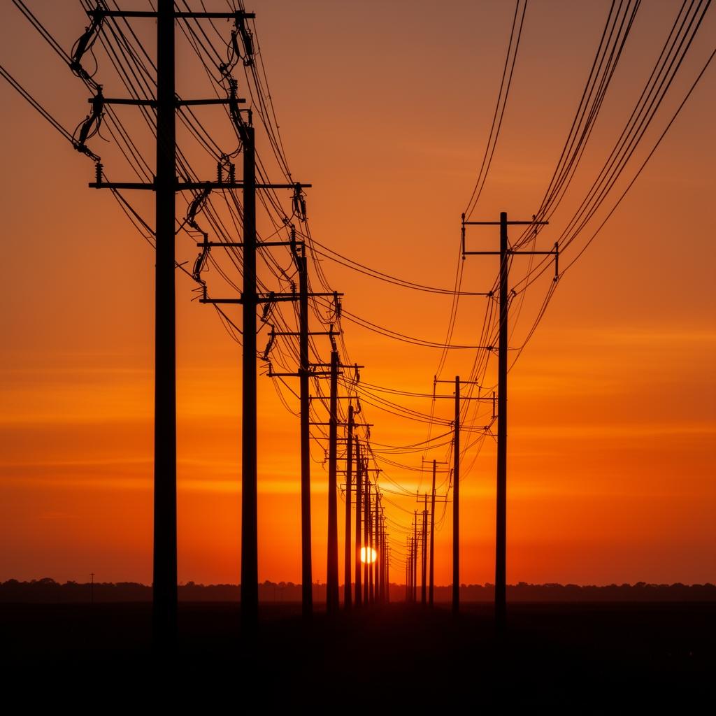 Utility poles with cable lines at sunset